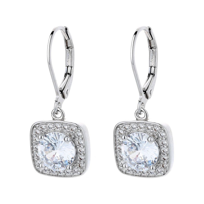 18K White Gold Square Halo Leaver-back Drop Earrings