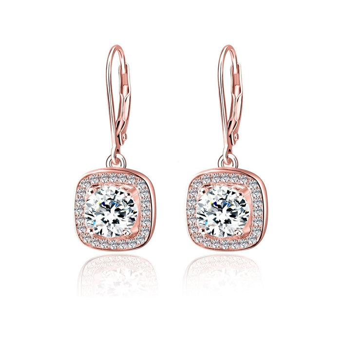 18K White Gold Square Halo Leaver-back Drop Earrings