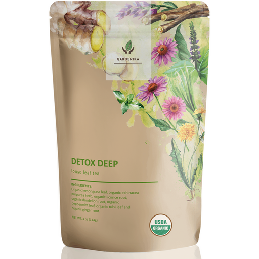 Gardenika Shop Detox Deep Loose Tea, Daily Refreshment & Revitalization - Ayurvedic Blend with Dandelion & Lemongrass - Herbal & Caffeine Free - Organic & Kosher Loose Leaf Tea
