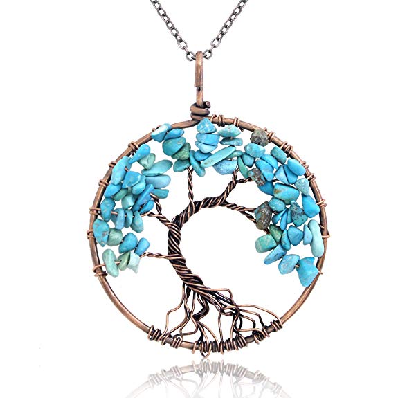 Handmade Genuine Gemstone Chakra Tree of Life Pendant Necklace