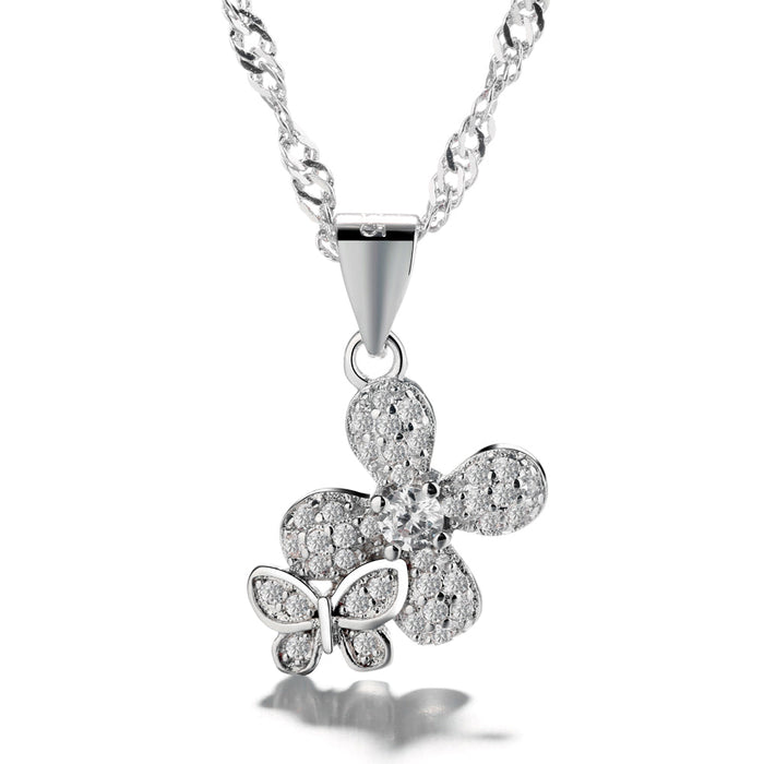 Sterling Silver & Genuine Crystal Butterfly on Flower Pendant Necklace