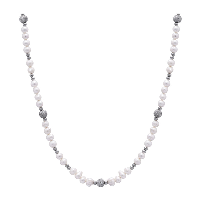 Iced Beaded Pearl Necklace (Silver)