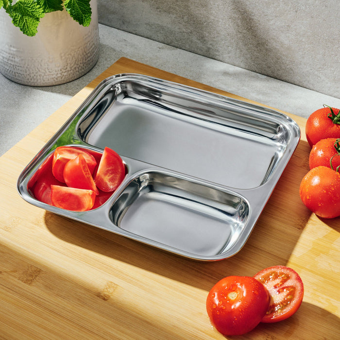 Large 3-Section Square Plate | Stainless Steel Divided Tray