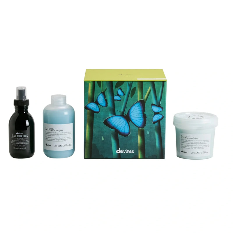 Nava Beauty Davines MINU + OI Gift Set: MINU Shampoo & Conditioner 8.5 Oz + OI All in One Milk 4.6 Oz Hair White Smoke