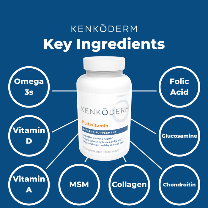 Kenkoderm Multivitamin for Psoriasis | Omega 3 | Vitamin D | Glucosamine Chondroitin | Collagen | Vitamin A | Folic Acid | MSM | 120 Veggie Capsules | 60 Day Supply