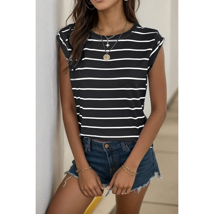 Decorative Button Round Neck T-Shirt