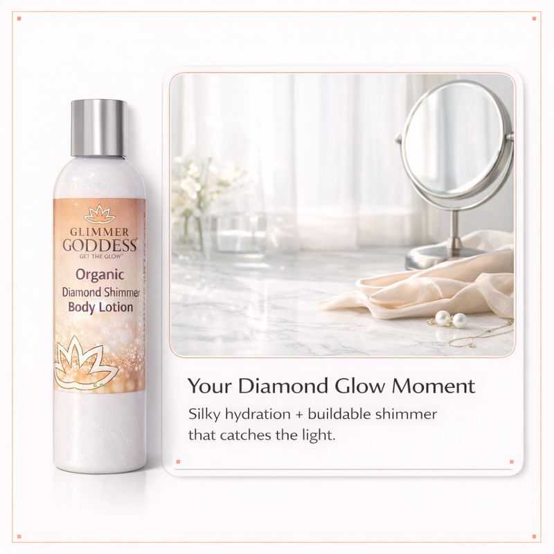 Glimmer Goddess® Organic Skin Care Organic Diamond Shimmer Body Lotion – Buildable Luminous Glow Shimmer
