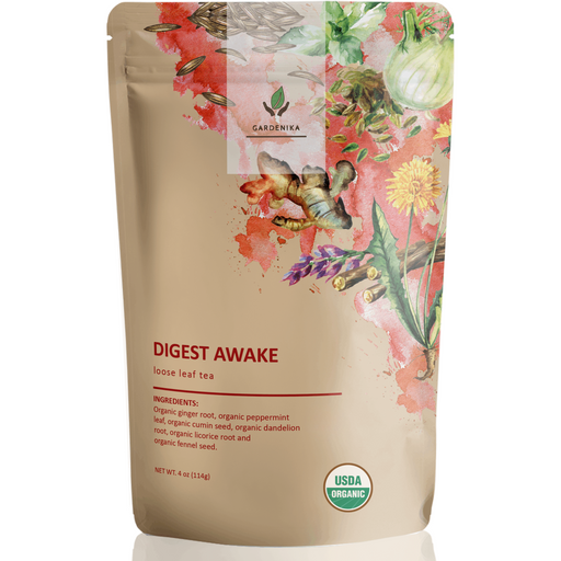 Gardenika Shop Digest Awake Loose Tea, Bloating & Stomach Ease - Ayurvedic Blend with Ginger & Peppermint - Herbal & Caffeine Free - Organic & Kosher Loose Leaf Tea