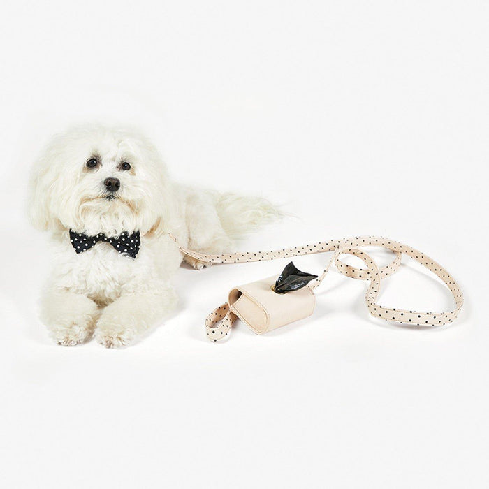 The Bullish Store - Dog Collar And Leash In Blush Pink Polka Dot | Faux Saffiano Leather