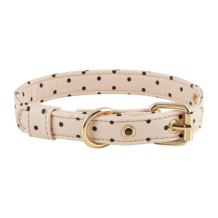 The Bullish Store - Dog Collar And Leash In Blush Pink Polka Dot | Faux Saffiano Leather