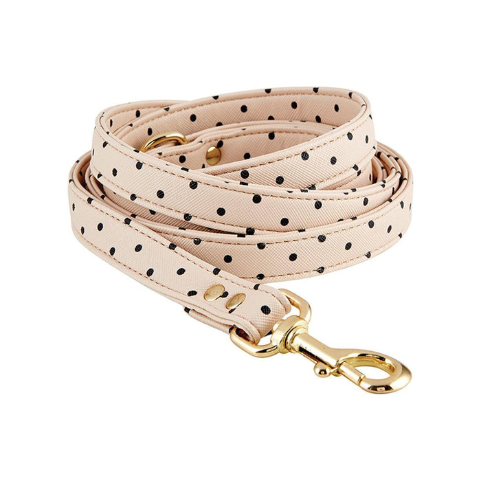 The Bullish Store - Dog Collar And Leash In Blush Pink Polka Dot | Faux Saffiano Leather