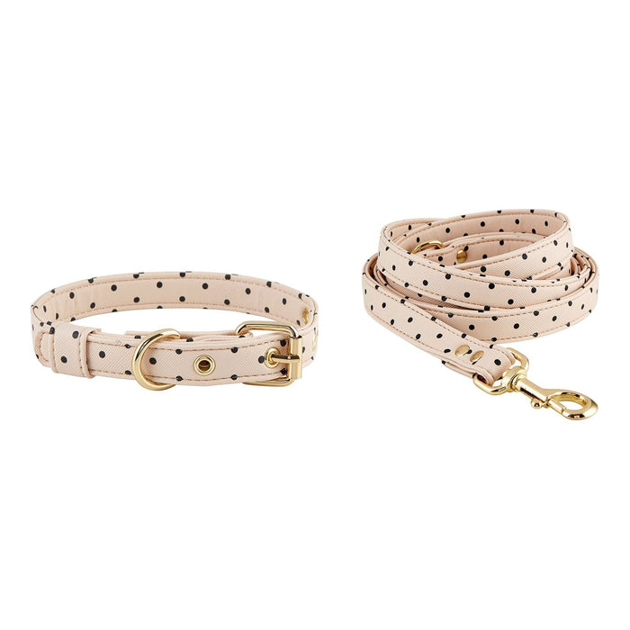 The Bullish Store - Dog Collar And Leash In Blush Pink Polka Dot | Faux Saffiano Leather