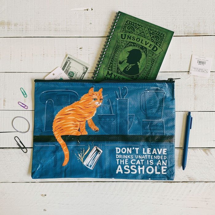 The Bullish Store - Don'T Leave Drinks Unattended Cat Design Recycled Material Jumbo Zipper Folder | 14.25" X 10"