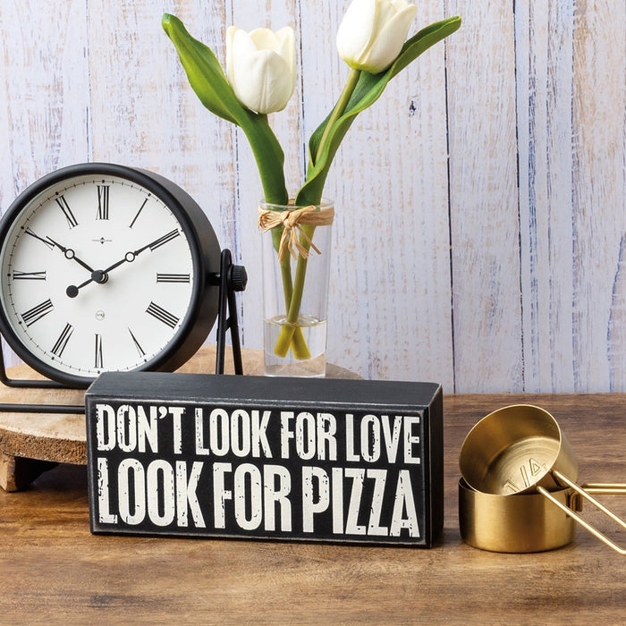 The Bullish Store - Don'T Look For Love Look For Pizza Wooden Box Sign, Funny/Rustic/Modern Quote Wall Art, Living/Dining/Bedroom, Cute Farmhouse Decor