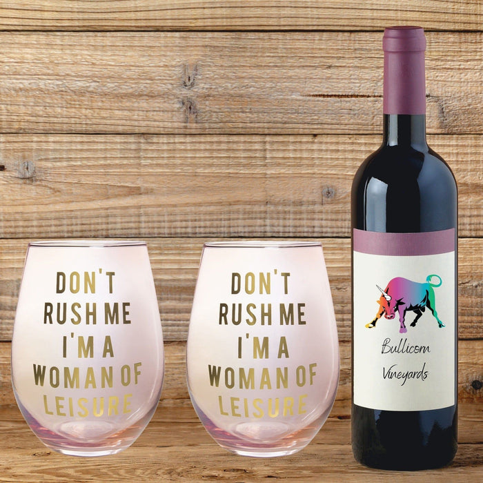 The Bullish Store - Don'T Rush Me, I'M A Woman Of Leisure Stemless Wine Glass In Rose And Gold | 20 0Z. | Set Of 2