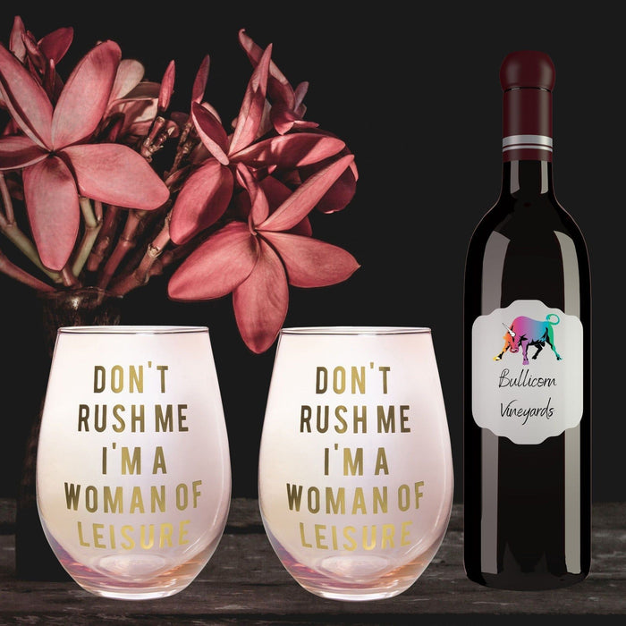 The Bullish Store - Don'T Rush Me, I'M A Woman Of Leisure Stemless Wine Glass In Rose And Gold | 20 0Z. | Set Of 2