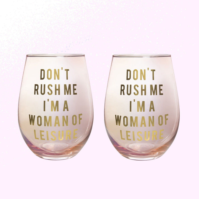 The Bullish Store - Don'T Rush Me, I'M A Woman Of Leisure Stemless Wine Glass In Rose And Gold | 20 0Z. | Set Of 2