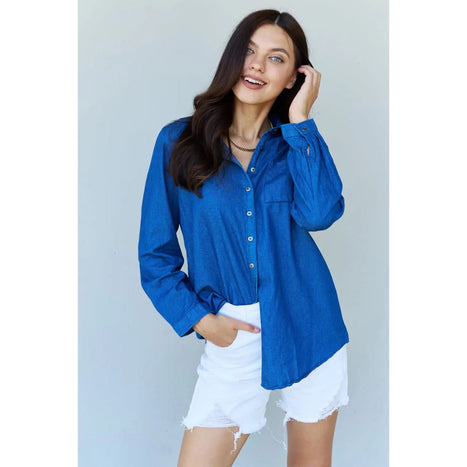 Doublju Blue Jean Baby Denim Button Down Shirt Top in Dark Blue