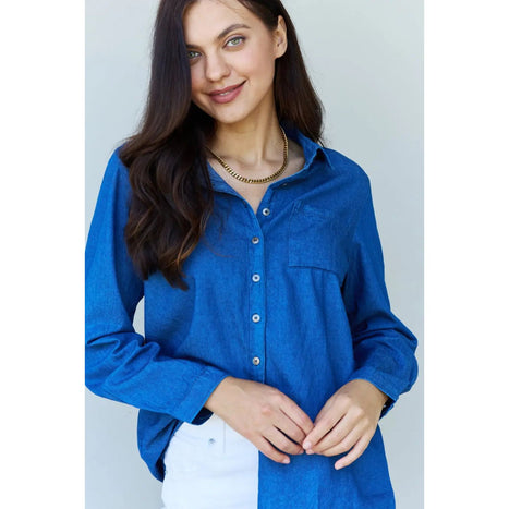 Doublju Blue Jean Baby Denim Button Down Shirt Top in Dark Blue