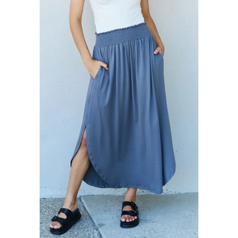 Doublju Comfort Princess High Waist Scoop Hem Maxi Skirt in Dusty Blue