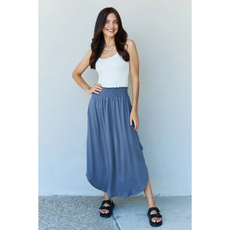 Doublju Comfort Princess High Waist Scoop Hem Maxi Skirt in Dusty Blue