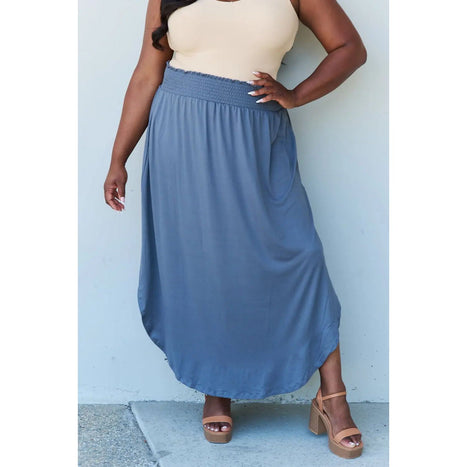 Doublju Comfort Princess High Waist Scoop Hem Maxi Skirt in Dusty Blue