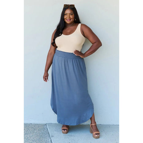 Doublju Comfort Princess High Waist Scoop Hem Maxi Skirt in Dusty Blue