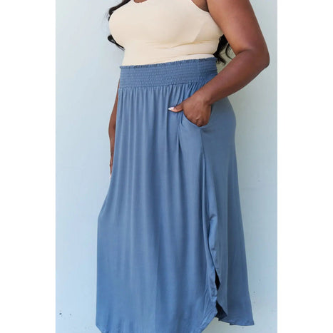 Doublju Comfort Princess High Waist Scoop Hem Maxi Skirt in Dusty Blue