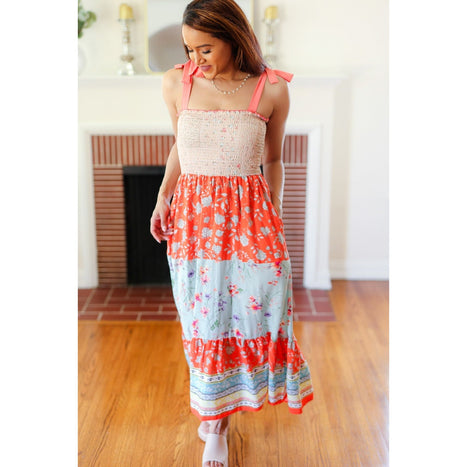 Vacay Vibes Taupe Floral Smocked Tube Top Tiered Maxi Dress