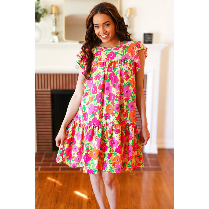 Be Charming Lime & Pink Floral Print Tiered Ruffle Sleeve Dress