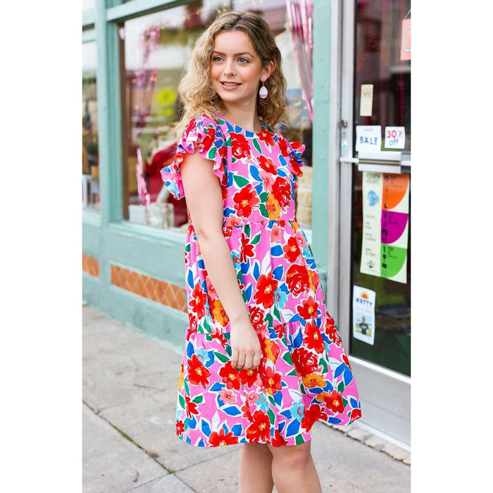 Pink Floral Smocked Ruffle Sleeve Tiered Dress