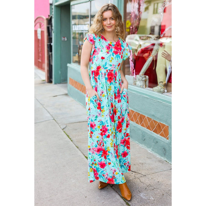 Aqua Floral Fit & Flare Maxi Dress