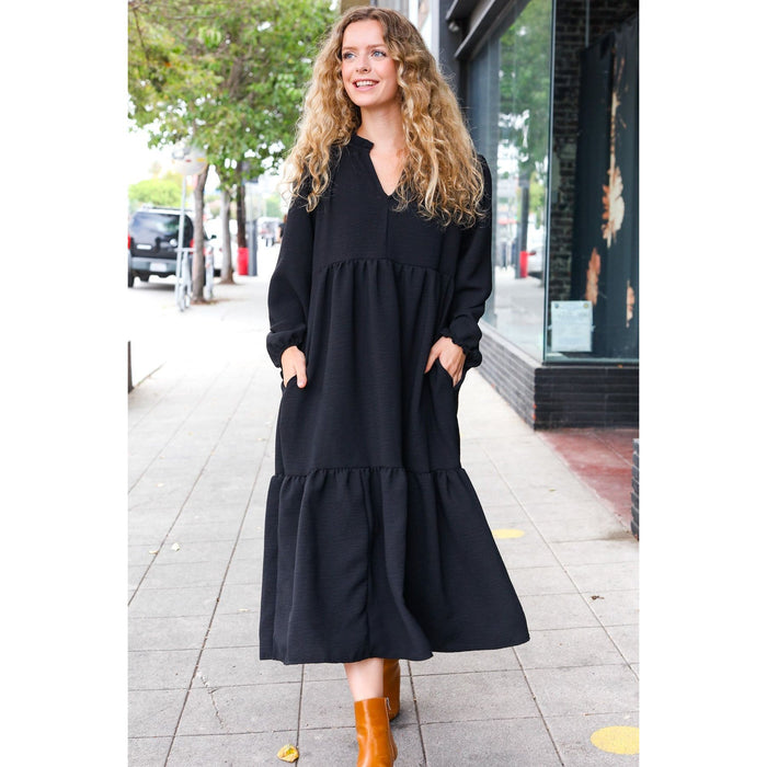 Notched Neck Frill Hem Tiered Maxi Dress