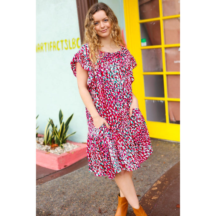 Fuchsia & Teal Abstract Dot Yoke Woven Dress