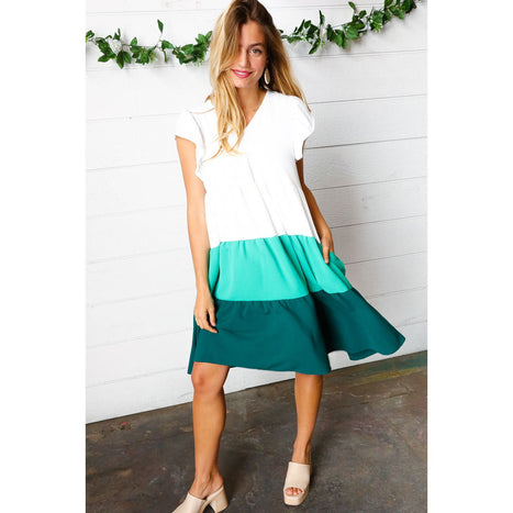 Seafoam & Emerald Tiered Frill Sleeve Midi Dress