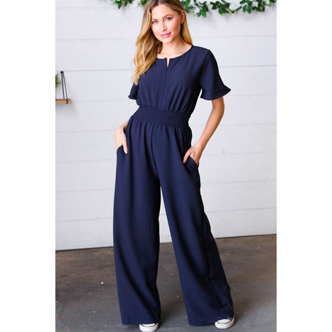 Dark Blue Smocked Waist Notch Neck Crepe Jumpsuit