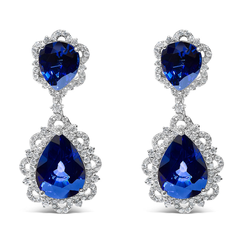Bids.com 18K White Gold Blue Sapphire and Diamond 2.00 Cttw Diamond Halo Drop and Dangle Earring (G-H Color, SI1-SI2 Clarity) Earrings