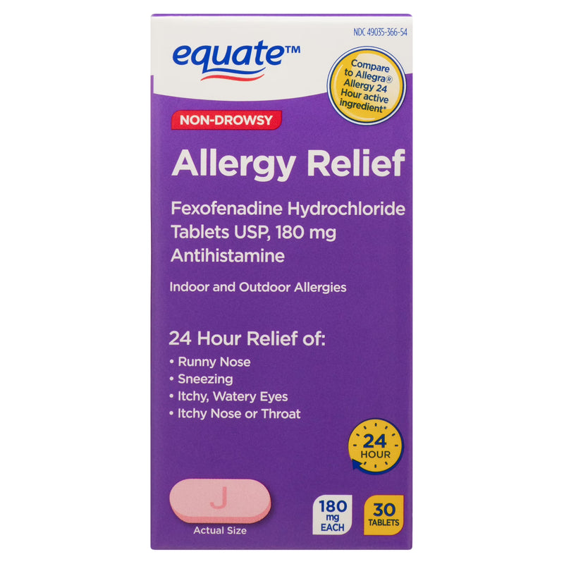Equate Fexofenadine Hydrochloride 180 mg - 24-Hour Non-Drowsy Allergy Relief, 30 Tablets Medicine & Drugs