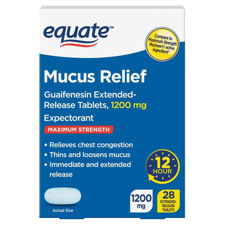 Equate Maximum Strength Mucus ER – 1200 mg Guaifenesin – 12-Hour Extended Release, 28 Tablets