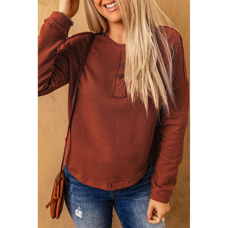 Exposed Seams Round Neck Long Sleeve Blouse