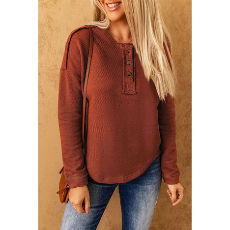 Exposed Seams Round Neck Long Sleeve Blouse