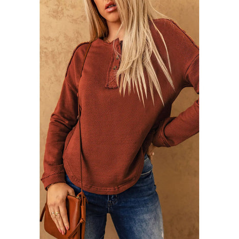 Exposed Seams Round Neck Long Sleeve Blouse