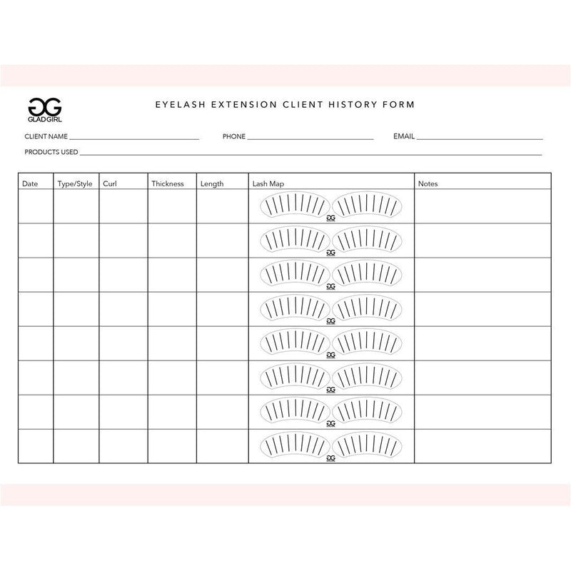 GladGirl Eyelash Extension Client History Form - 25 Per Quantity Marketing