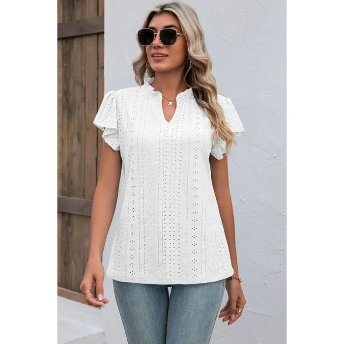 Eyelet Notched Flutter Sleeve T-Shirt