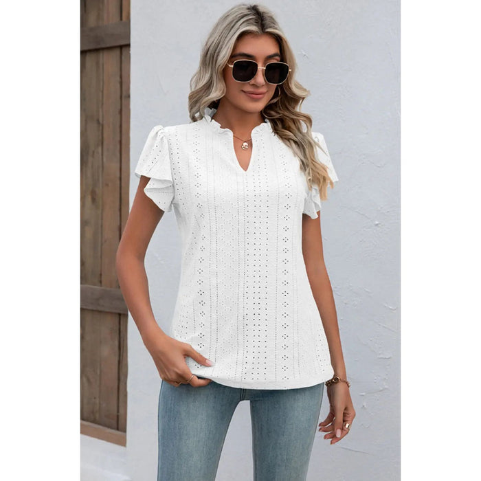 Eyelet Notched Flutter Sleeve T-Shirt