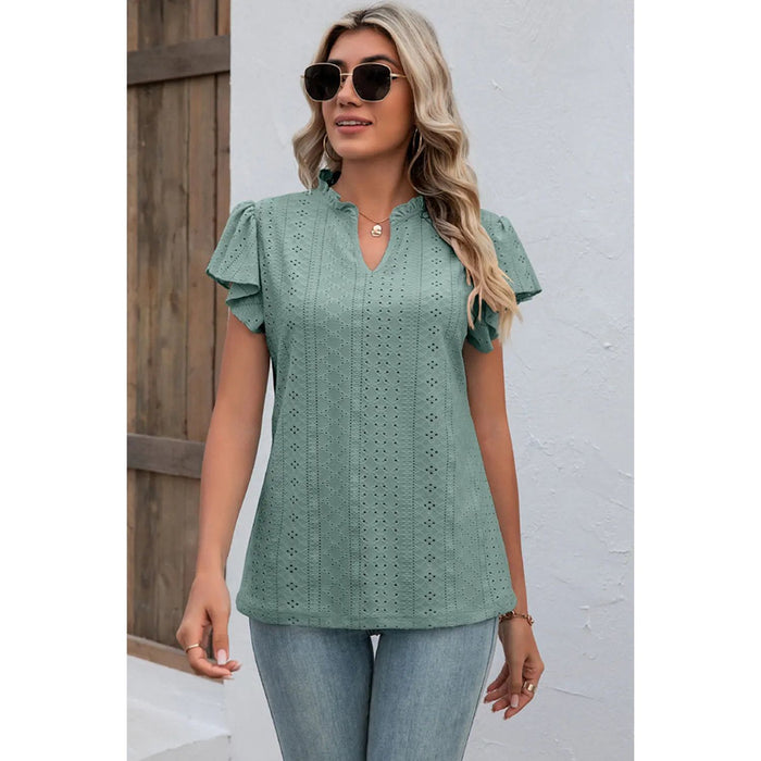 Eyelet Notched Flutter Sleeve T-Shirt