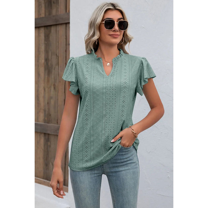 Eyelet Notched Flutter Sleeve T-Shirt