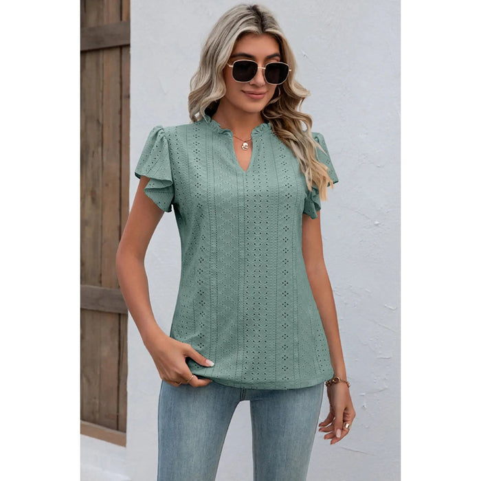 Eyelet Notched Flutter Sleeve T-Shirt