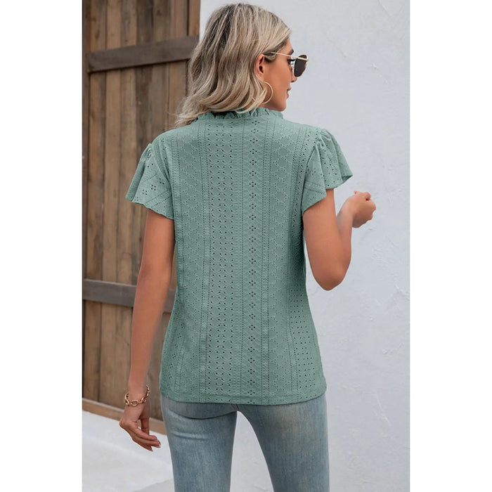 Eyelet Notched Flutter Sleeve T-Shirt