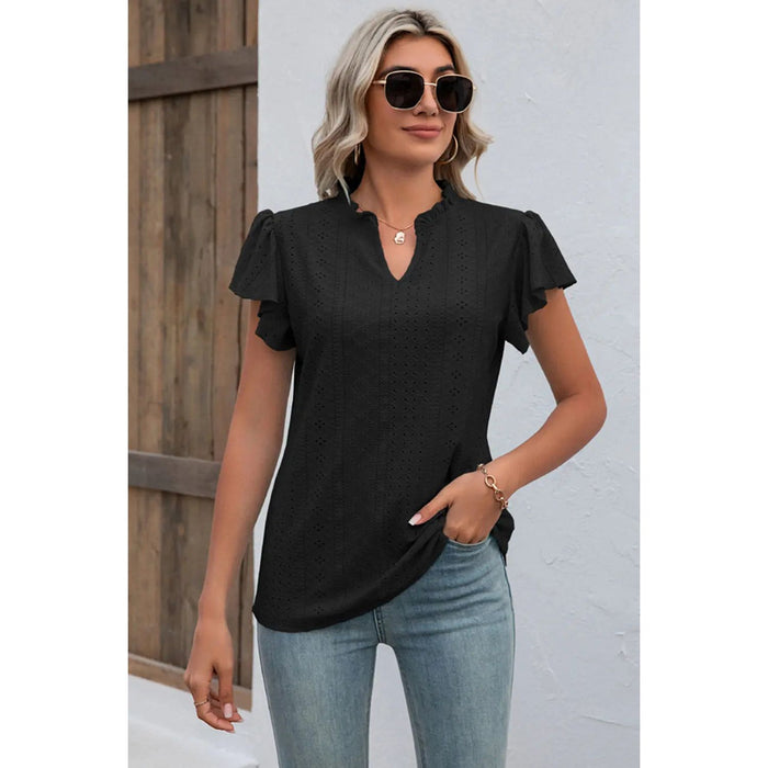 Eyelet Notched Flutter Sleeve T-Shirt